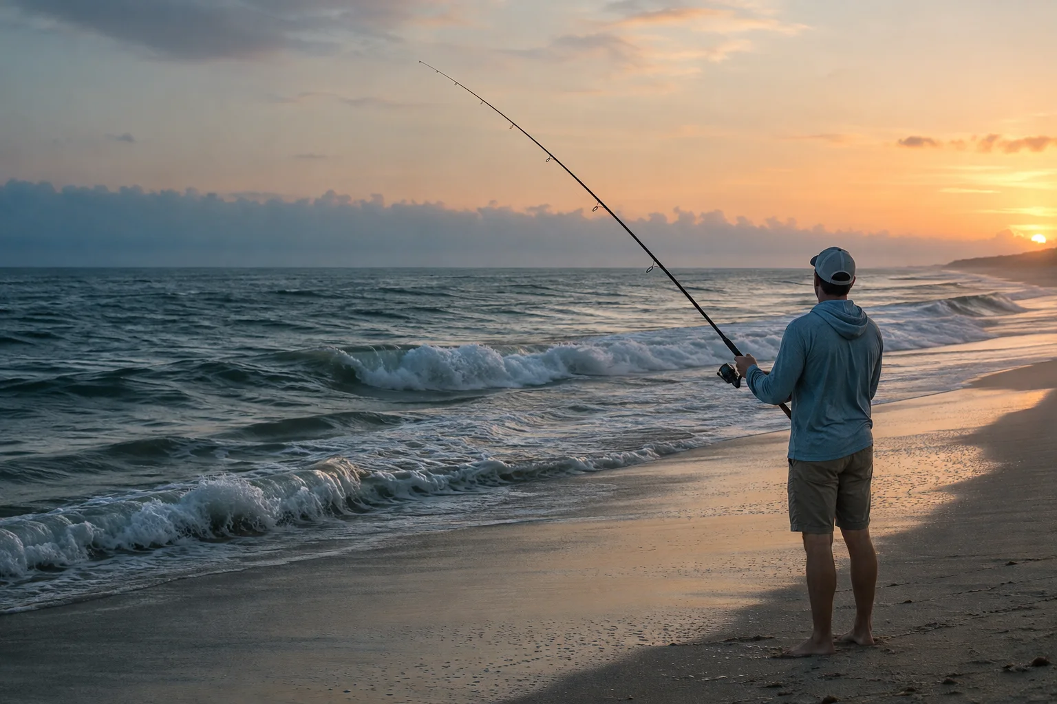 Concept campaign image of an angler at the Atlantic surf at first light